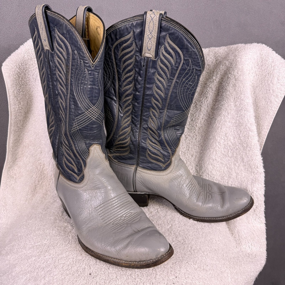 VTG Tony Lama Mens Cowboy Boots Sz 8 Blue‎ /Gray Antelope Leather Western 8056